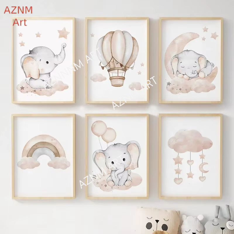 Baby Nursery Wall Art - ملصقات جدارية للأطفال بتصميم الفيل والبالونات