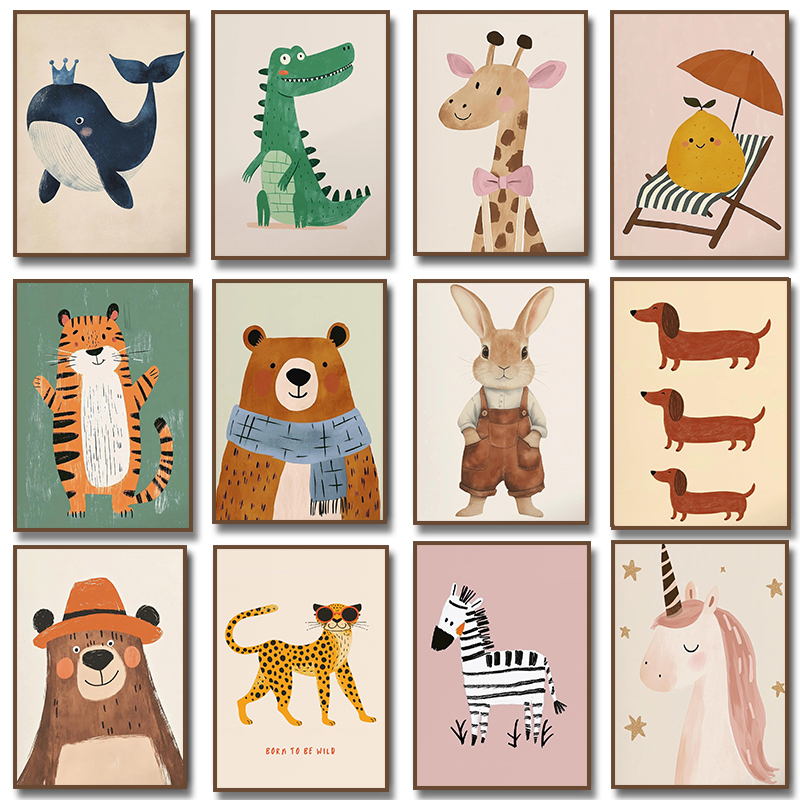 Baby Nursery Wall Art - ملصق برسومات حيوانات لطيفة، لوحة قماشية