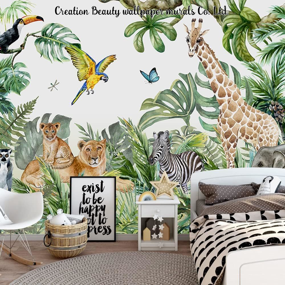 Baby Nursery Jungle Wallpaper - ورق جدران بتصميم حيوانات الغابة بالألوان