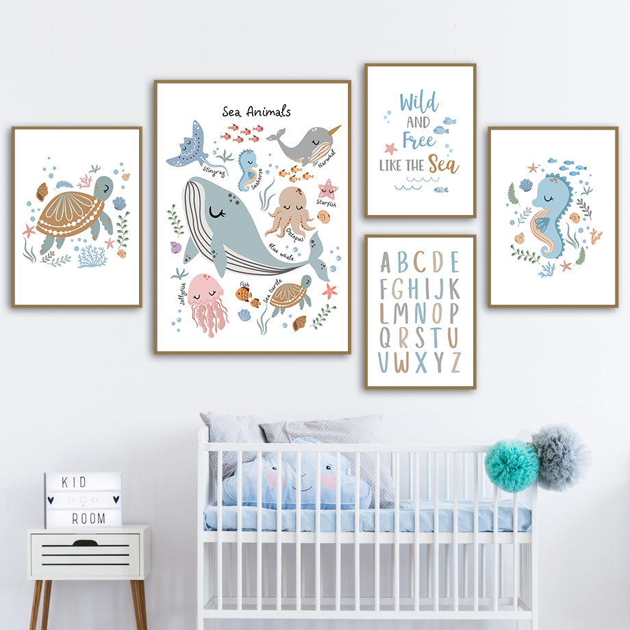 Baby Nursery Ocean - لوحة فنية جدارية بدون إطار لحيوانات