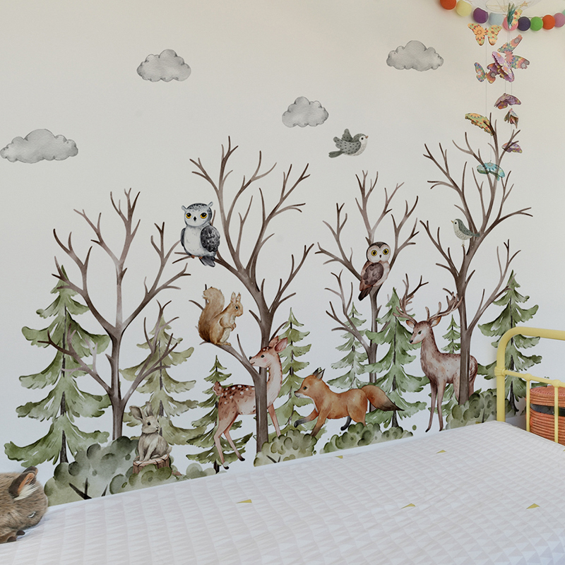 Baby Nursery Jungle Wallpaper - الغابات البرية شجرة خضراء الحيوانات الجدار