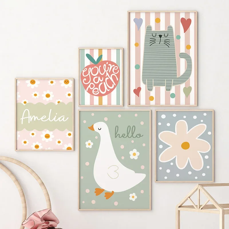 Baby Nursery Wall Art - الكرتون القط بطة الطيور التفاح مخصص