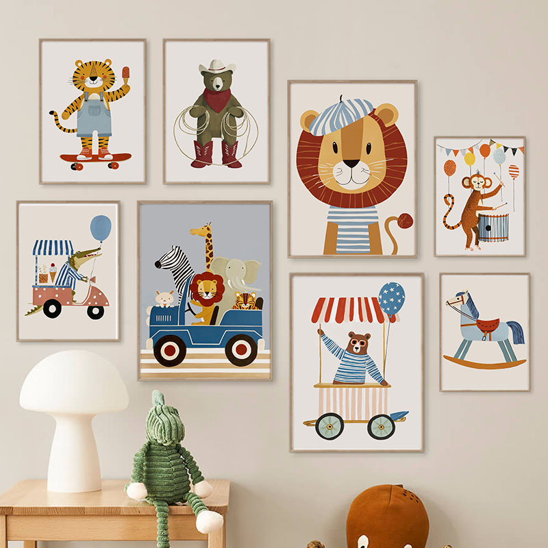 Baby Nursery Wall Art - لوحات فنية كرتونية مضحكة لحيوانات وسيارات