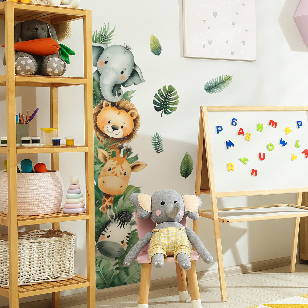 Baby Nursery Jungle Wallpaper - الغابة الحيوان الفيل الزرافة جدار الباب