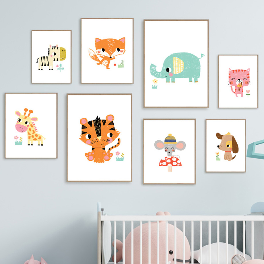 Baby Zoo Nursery - لوحات فنية جدارية كرتونية لحيوانات الأطفال،