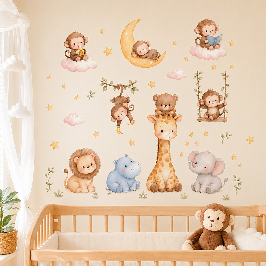ملصقات جدارية لحيوانات الغابة  - مراجعة Baby Nursery Jungle Wallpaper وسعره